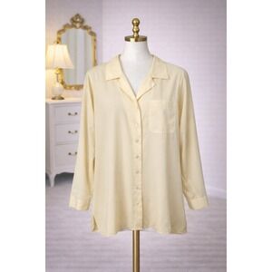 Susan Graver Style Button Up Top Collar Butter Yellow Flowy Light Size 1x